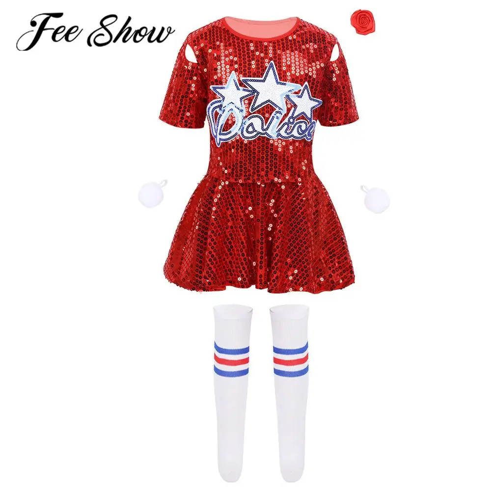 

Kids Girls Jazz Hip Hop Leotard Dancewear Children's Carnival Cheerleading Costume Shiny Sequins Crop Top and Skirt Shorts Set