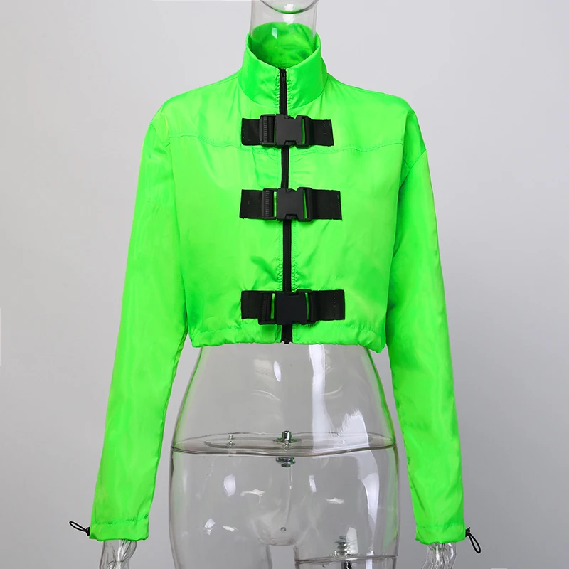 Goocheer Neon Green/женская Повседневная ветровка на молнии с пряжкой и длинным рукавом, новая модная уличная одежда, эластичное пальто с завязками