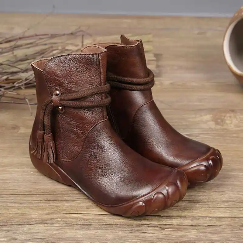 

Autumn New Retro Botas Women Casual Rope Tassel Vintage Leather Boots Woman's Anti-Slip Wear Resistant Low Heel Booties Ankle