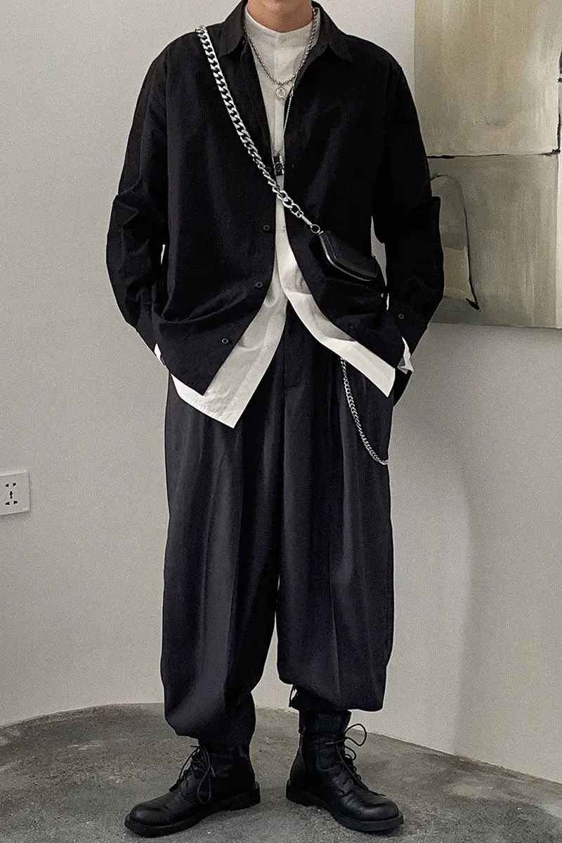 

Men's shirts 2020 Spring and Autumn slim solid color false two long sleeve shirts loose casual lapel fashion youth men's wear