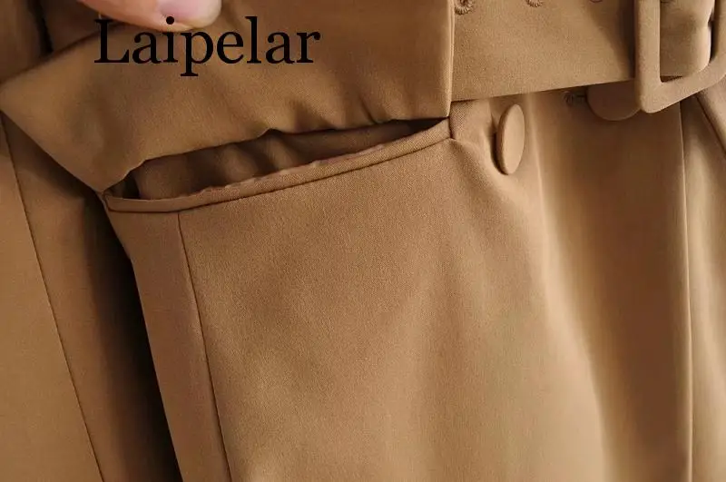 Laipelar Khaki Women Elegant Long Blazers 2019 Spring-Autumn Ladies Chic Notched Collar Suits Jackets with Belt Girls Blaze | Женская