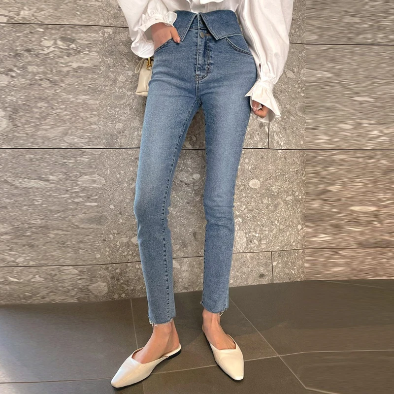 

Korean fashion high-waisted jeans women's cuffed high-waisted two-piece buckle thin feet pants 2021 summer women's clothing