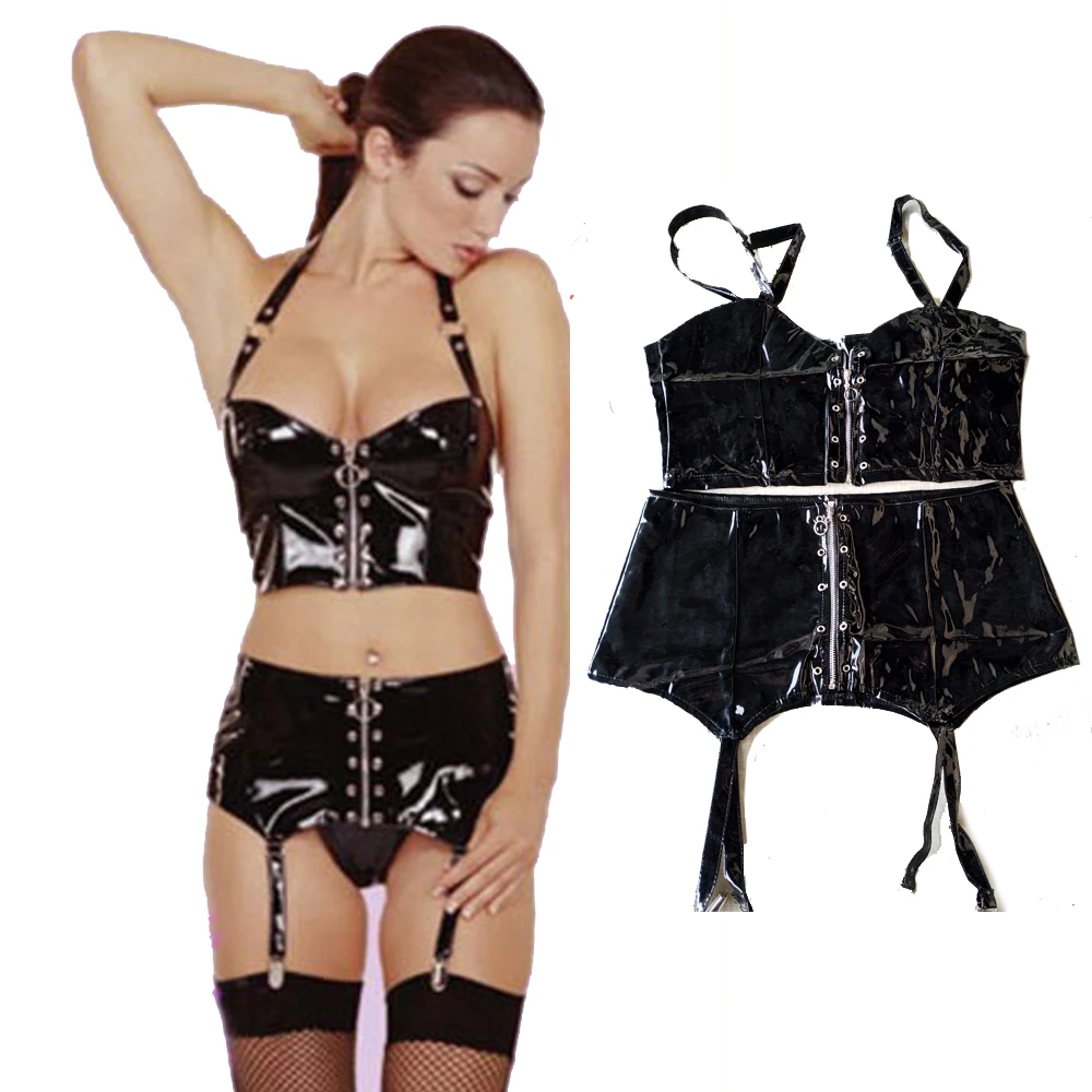 

Faux Leather Black Zipper WetLook Leather 2 Pieces Set Sexy Two Pieces Apparel Women Sexy Dance Club Wear Mini dress + Crop Top