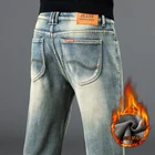 Новинка 2021, винтажные зимние толстые теплые брендовые Стрейчевые джинсы, классические мужские облегающие прямые джинсы с карманами для молодежи