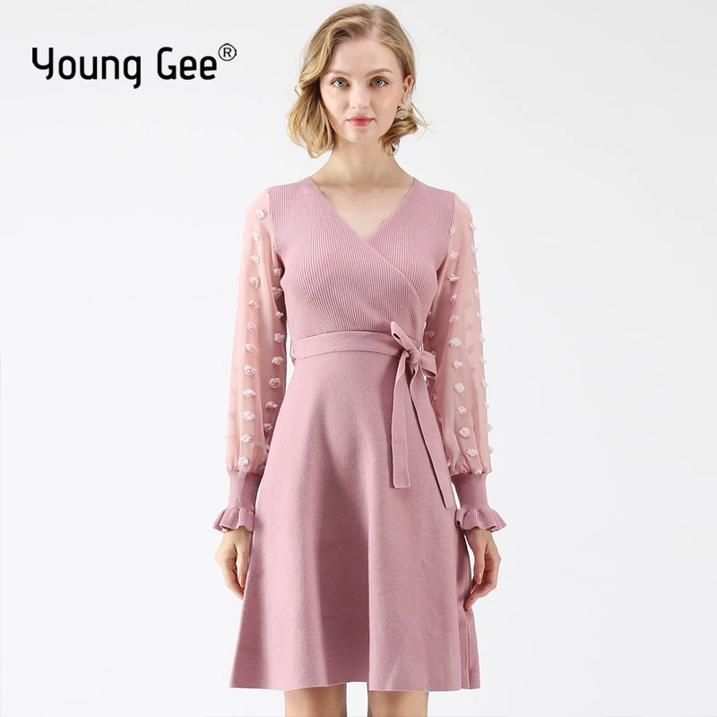 Young Gee женское трикотажное платье осенний трикотаж пояс фонарь рукав 2019 модное