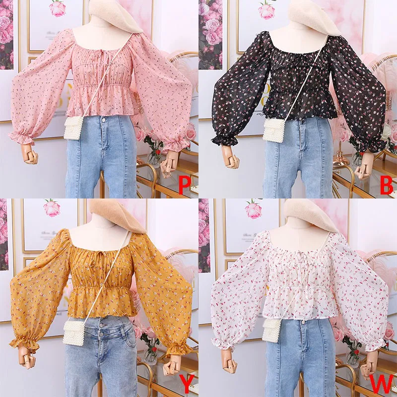

A 2020 Blouse Women's Fashion Floral Print Square Collar Sexy Sweet Ruffle Long Puff Sleeves Chiffon Shirt Blouses Shirts blusas
