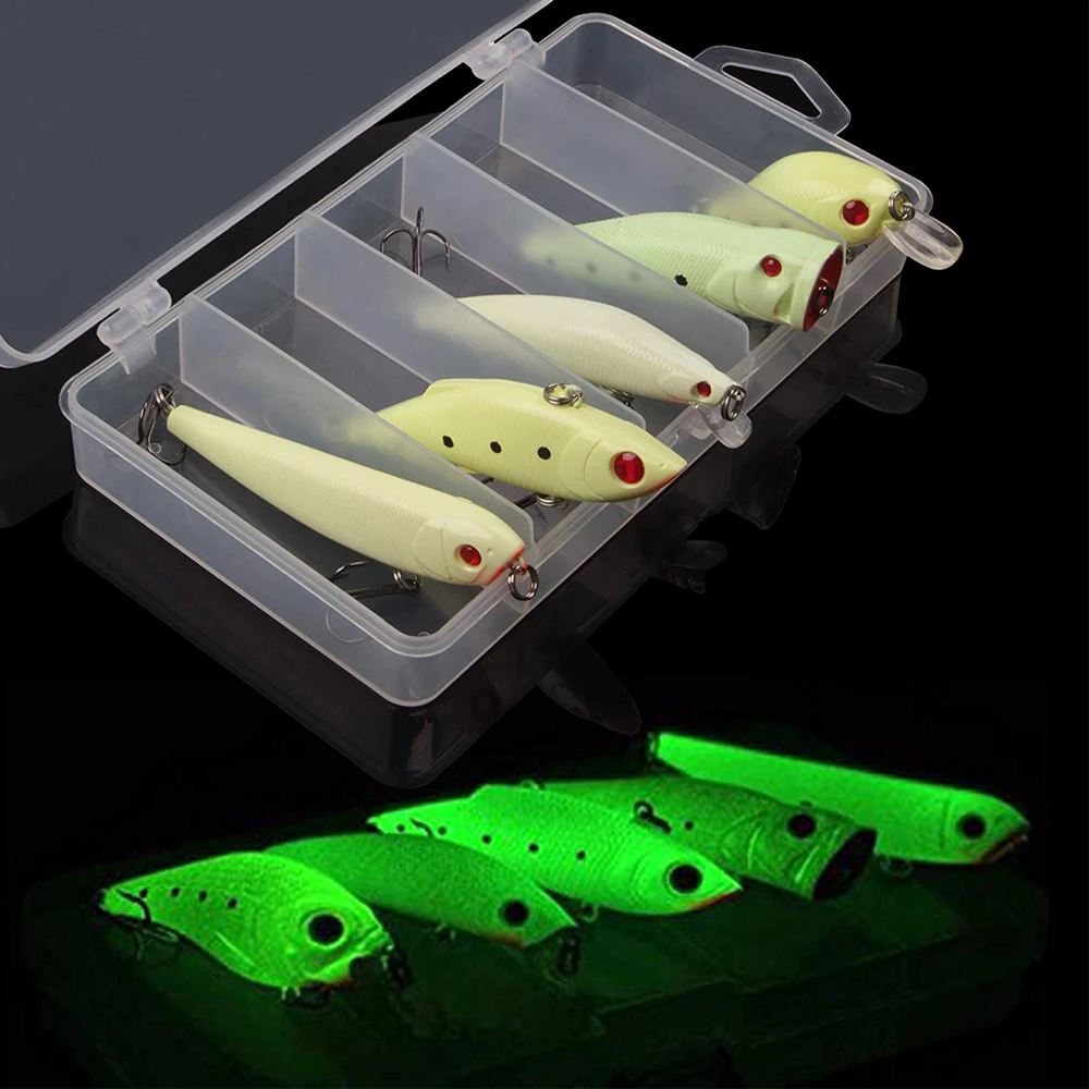 

Easy Catch 5Pcs/Box Night Glow Fishing Lure Bait Kit Luminous VIB Popper Crank Minnow Pencil Hard Bait Artificial Lures