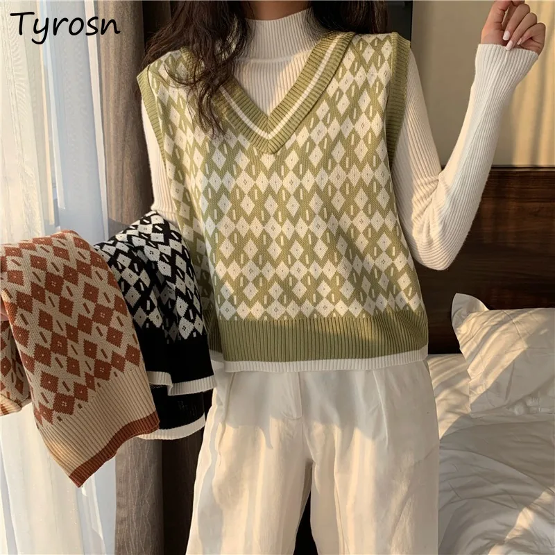 

Argyle Knitted Sweater Vests Women Spring Autumn Knitwear Chic Vintage All Match Fashion Harajuku Students V Neck Ulzzang Retro