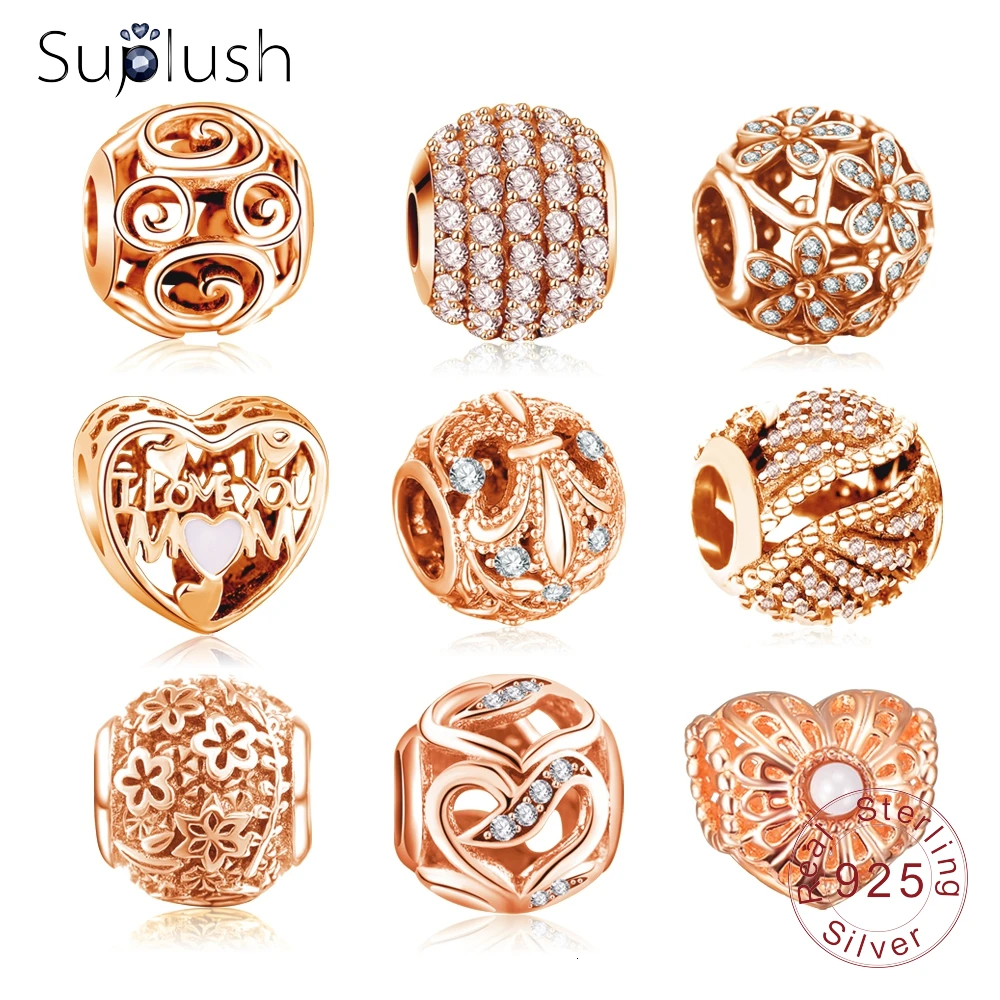 Suplush Аутентичные стерлингового серебра 925 Шарм хрустальные бусины Розовые