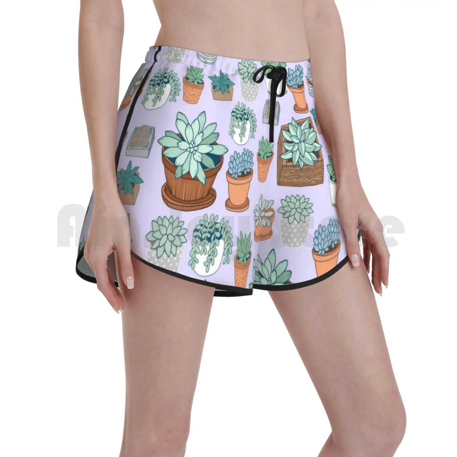 

Succulent Love Swim Shorts Women Beach Shorts Succulents House Plants Plants Florals Lilac Purple Pattern Line Art