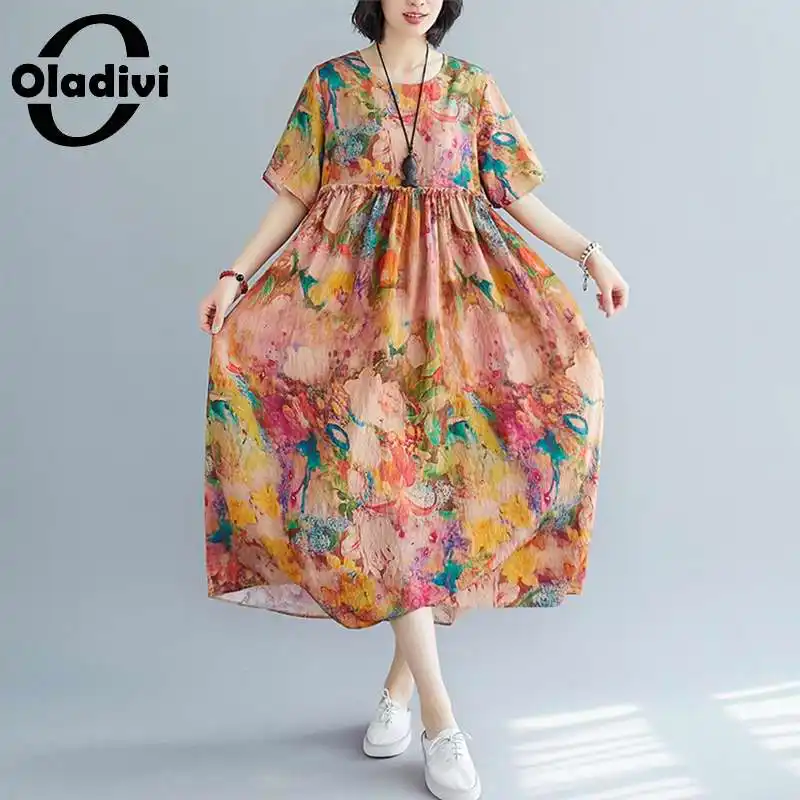 

Oladivi, Одежда большого размера, модное платье миди с цветочным принтом и коротким рукавом, Женская Летняя туника, повседневные свободные плат...