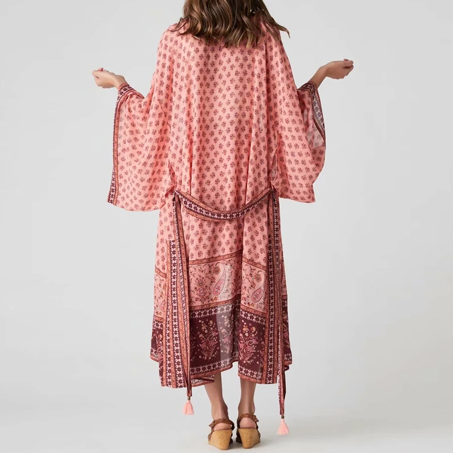 

TEELYNN Bohemia Kimono robe long Cardigan cotton rayon pink floral print Boho beach blouse and shirt summer blouses women Blusa