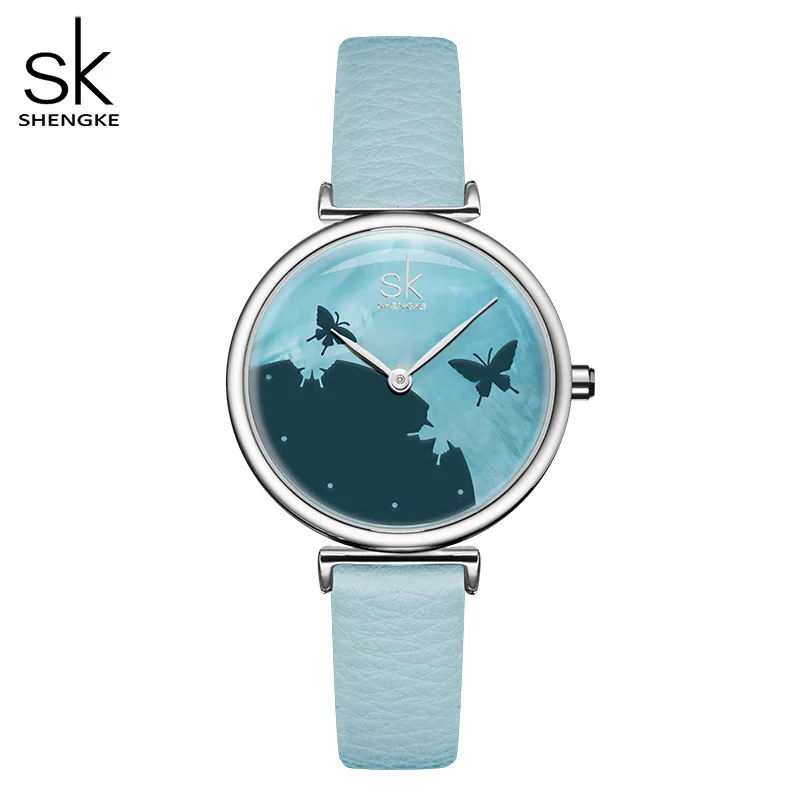 Shengke небесно голубые женские часы с романтическим циферблатом кожаный ремешок