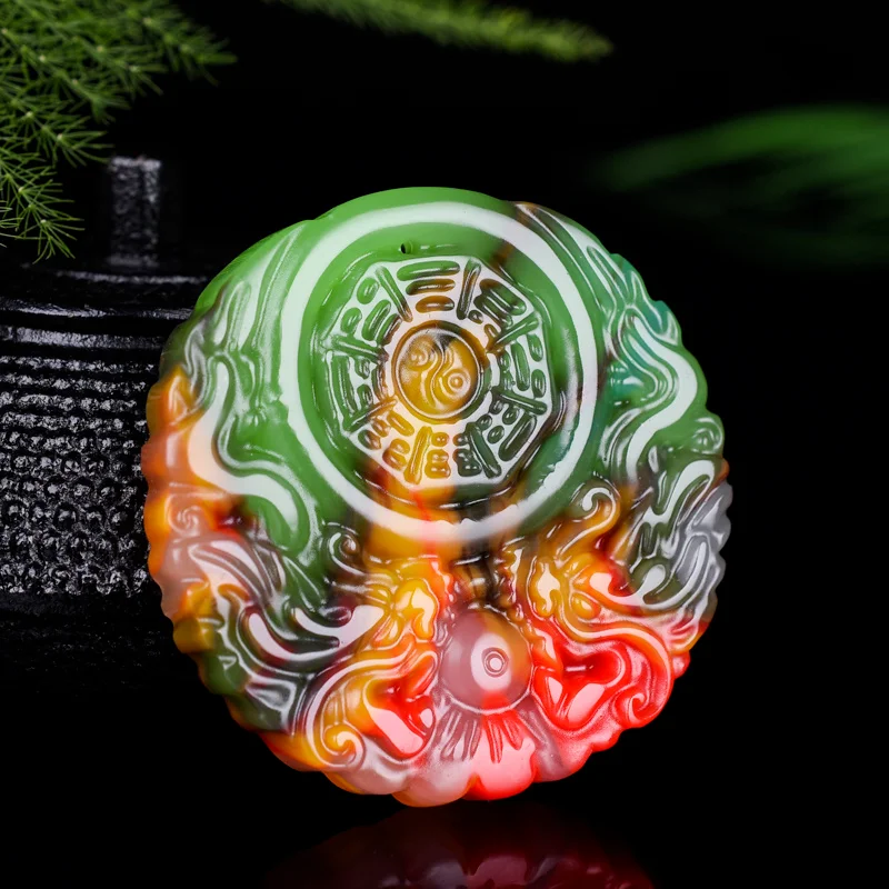

Natural Colour Jade Dragon Taiji Bagua Pendant Necklace Chinese Hand-Carved Charm Jadeite Jewelry Amulet Fashion Men Women Gifts