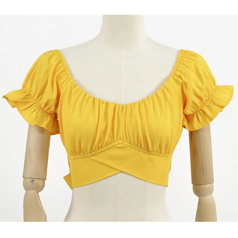 

Lucyever 2021 Summer White Off Shoulder Women Blouse Sexy Backless Puff Short Sleeve Crop Top Woman Club Lace Up Beach Tops Lady