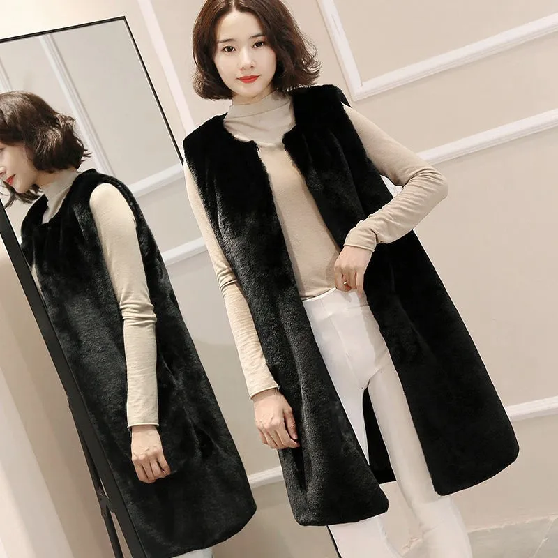 

Lugentolo Black Faux Fur Vest Winter Korean Fashion Long Coat Thick Warm Fur Loose Crew Round Sleeveless Jackets