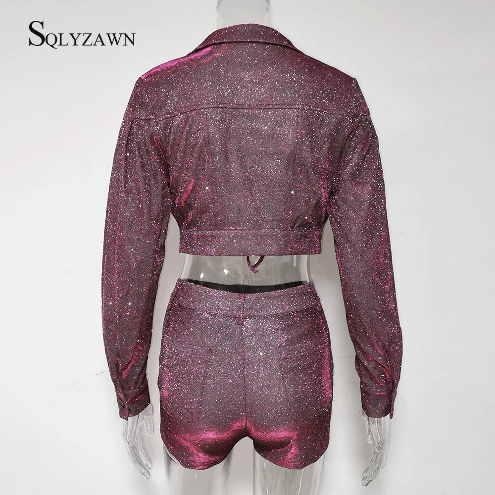 

Ladies Nightclub Sparkling Clothes Three Piece Set Bomber Short Jacket + Sexy Bra Top + Shorts Glitter Party Outfits Streetwear