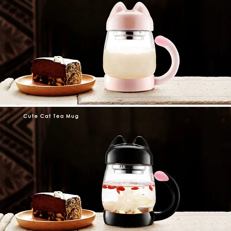 

DEOUNY 420ml&14oz Portable Cute Cat-Tail Glass Tea With Lid Heat-Resistant Cup With Water Filter Halloween Gifts Drinkware