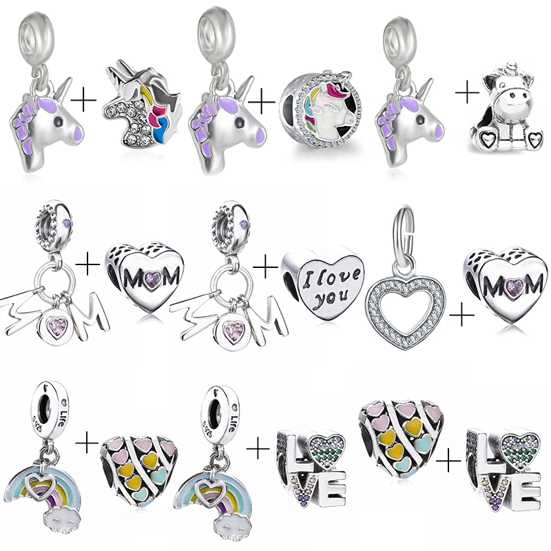 

2Pcs/Lot Genuine Silver Plated Lovely Cartoon Unicorn Charm Fit Original Brand Snake Bracelet Necklaces For Women Bijoux Gift