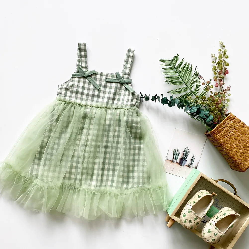 Tonytaobaby Girls Dress Green Plaid Bow Camisole Mesh Girl Pastoral Style | Детская одежда и обувь