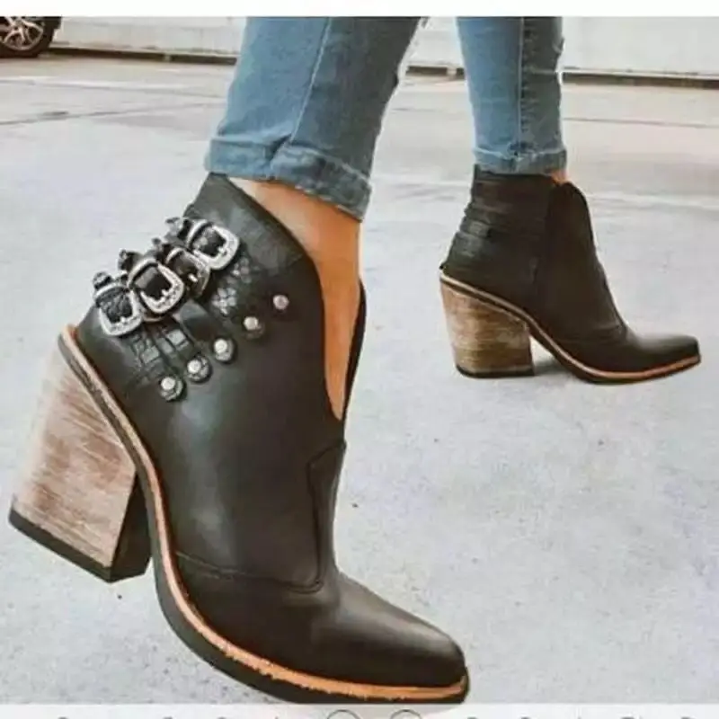 

Women shoes 2020 winter new thick heel high heel pointed boots women's belt buckle back zipper boots