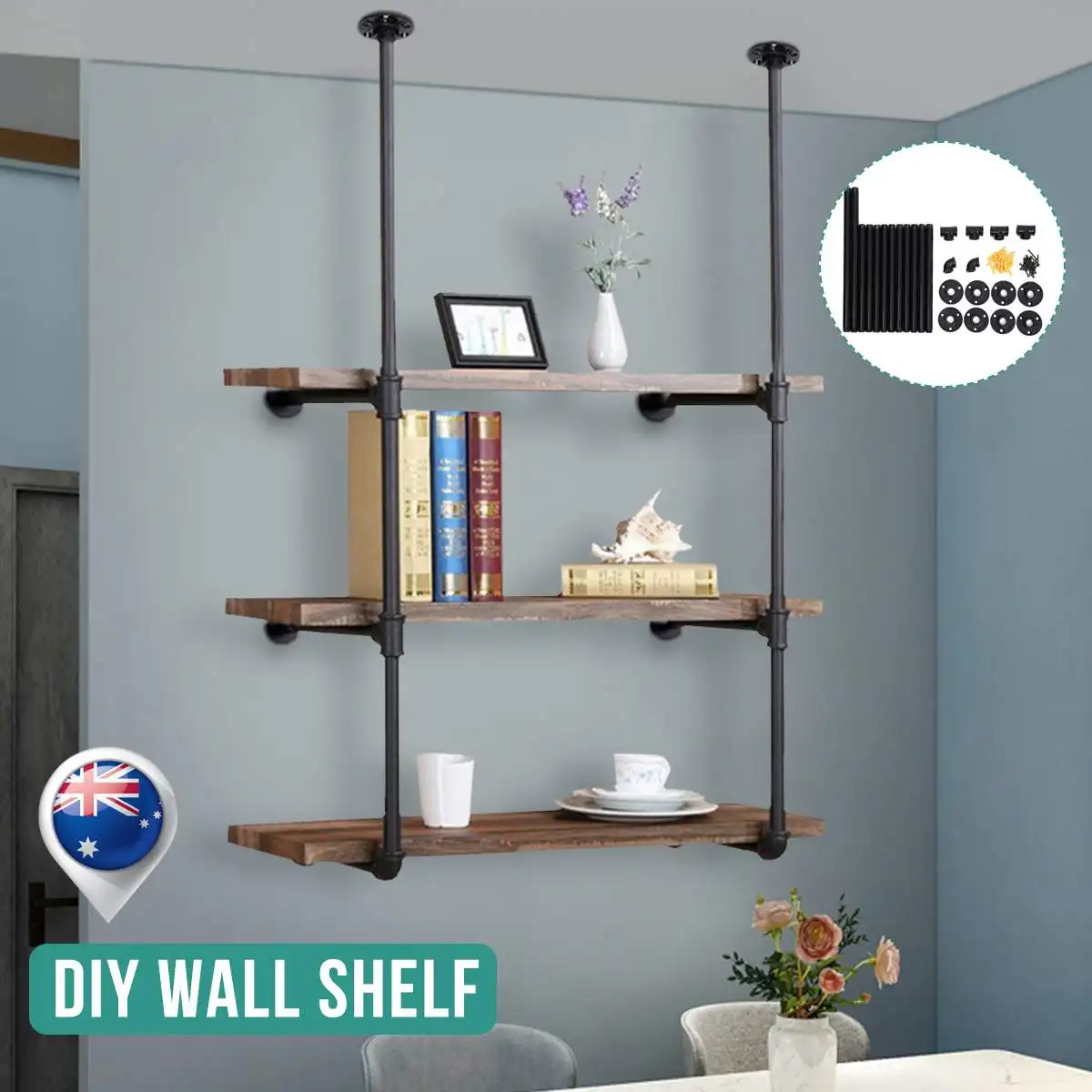 

2pcs 3 layer DIY Industrial Retro Style Bookshelf Wall Ceiling Mounted Black Iron Pipe Shelf Storage Shelves Bracket Home Decor