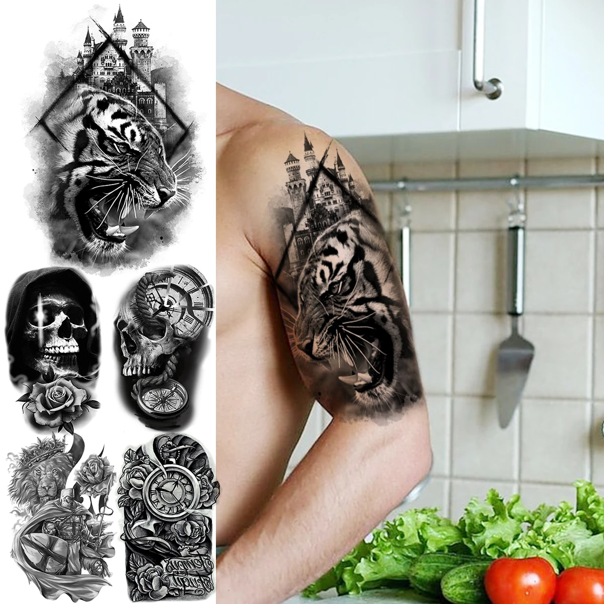 Black Geometric Tiger Arm Temporary Tattoos For Men Adult Skull Tribe Rose Flower Fake Tattoo Fashion Waterproof Tatoos Sticker