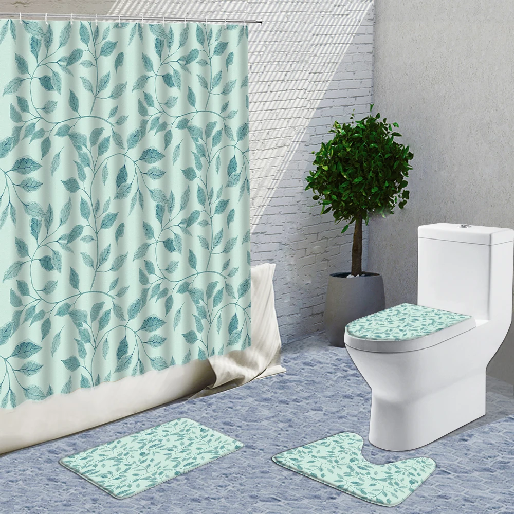 

Green Plant Leaves Shower Curtain 4-Piece Set 3D Doormat Bath Decor Curtains Flannel Non-Slip Bathroom And Toilet Rugs Mat Set