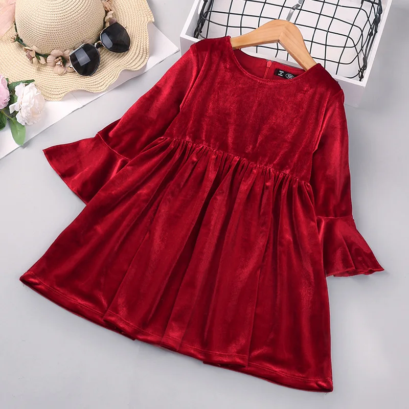 

Girls Flared Long-sleeved Golden Velvet Princess Dress Flower Girl Dresses Toddler Girl Fall Clothes Kids Dresses for Girls