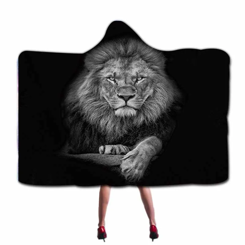 

Black Lion And Wolf Hooded Blanket For Adult Microfiber Sofa Hoodie Animals Throw Blanket Office Nap Blanket Soft Shawl Cloak