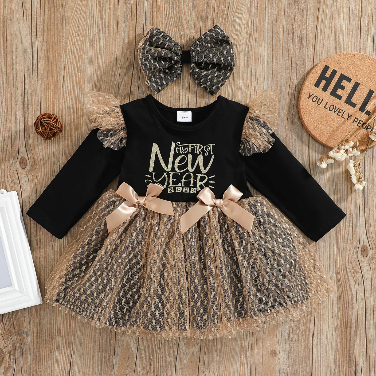 

Toddler Baby Girl Autumn Dress Long Sleeve Round Neck Letter Print Tulle Patchwork Princess Dress with Headband Outfit