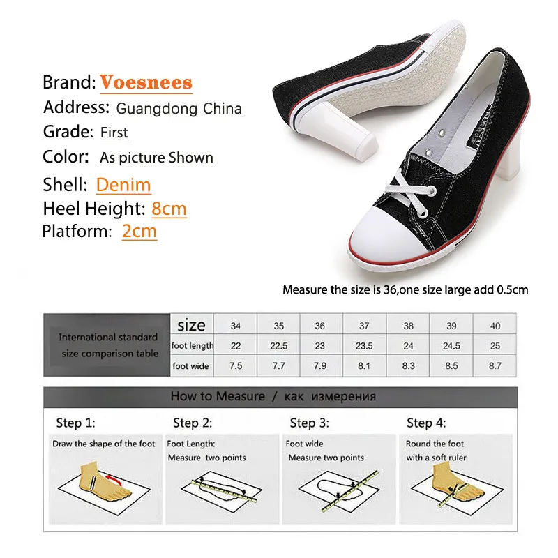 

New Pumps Heel Shoes Quality High Women's Mouth Board Canvas Student Denim 8CM size Shallow shoes Women 34-41 High Shoes High Q