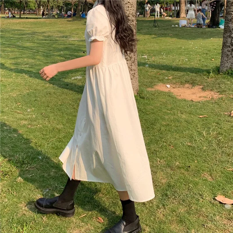

One-Piece 2021 New Korean Style Summer Chic Dress Vintage Temperament Stand Collar Dress Puff Sleeves Long Short Sleeve Dresses