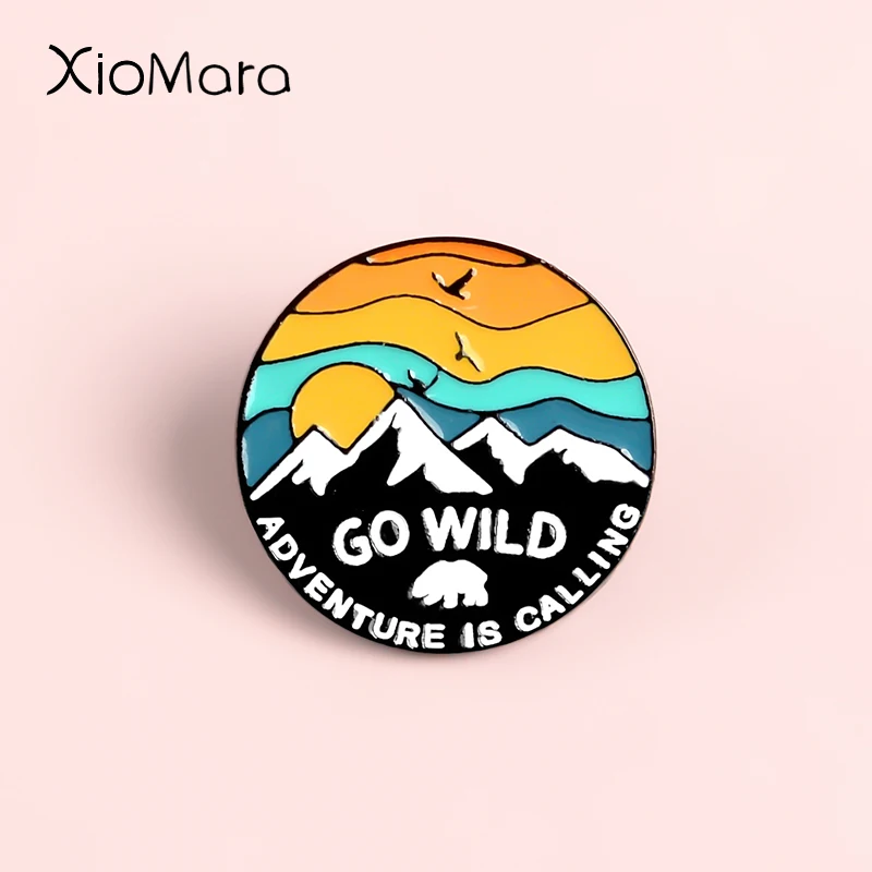 

Go Wild Adventure Is Calling Enamel Pins Mountain Polar Bear Explore Nature Round Brooch Badge Travel Pin Outdoorsy Gift