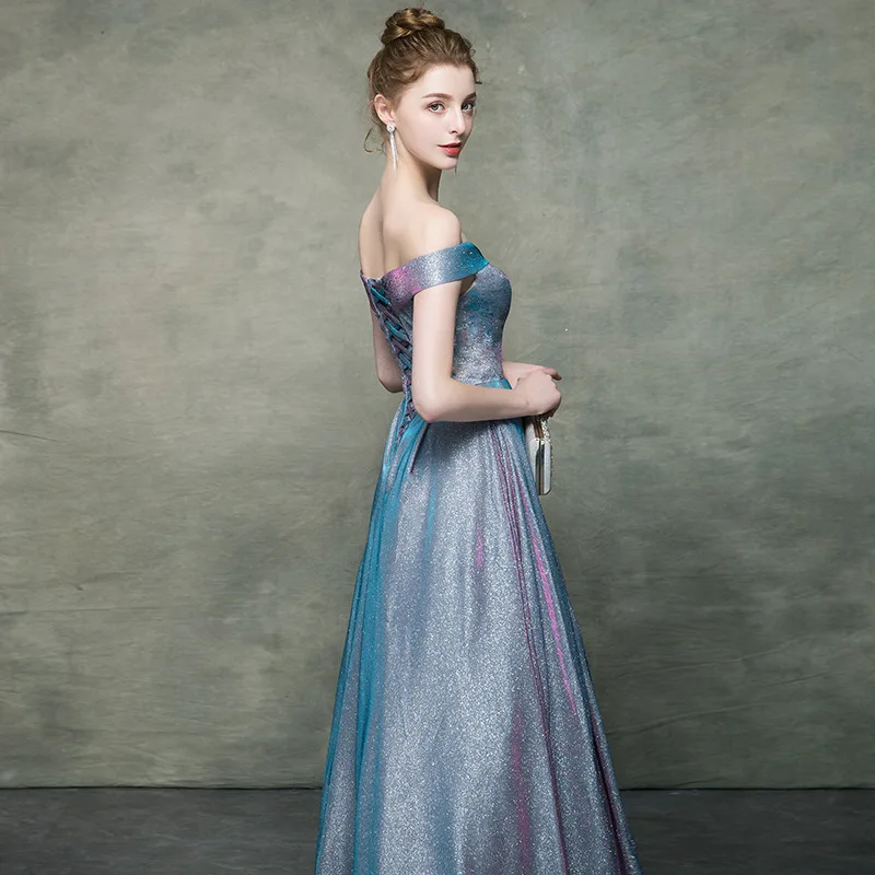 Модное шикарное блестящее вечернее платье Элегантное с открытыми плечами длина