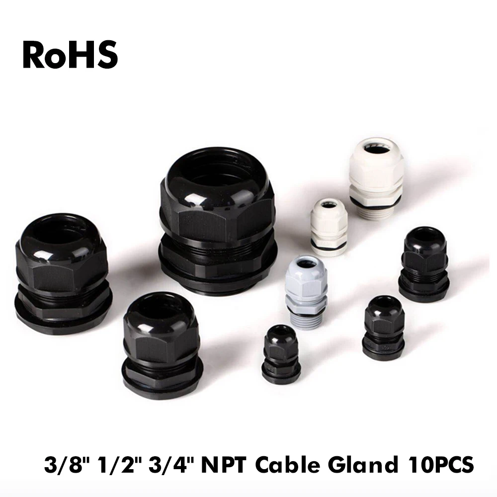 

Waterproof Cable Gland 10pcs Cable entry Strain Relief Cord Grip IP68 3/8"NPT 1/2"NPT 3/4"NPT White Black Nylon