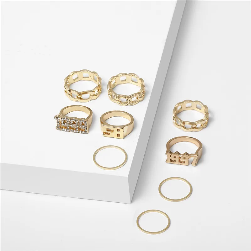 Bacolod 9pcs/set Gold Color Rings Set for Boys Girls Round Numbers Crystal Alloy Finger Ring Party 2020 Hiphop Rock Style | Украшения и