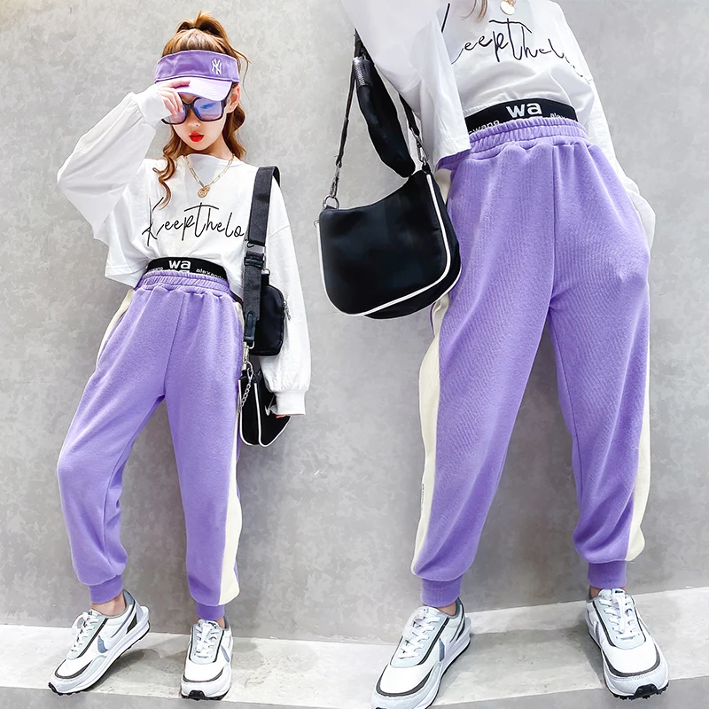 Осенняя одежда для девочек хлопковые брюки цвет: черный трикотажные штаны на