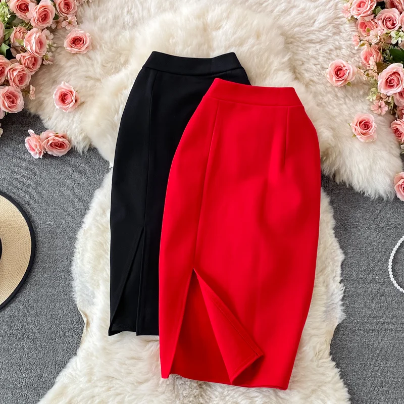 

Юбка Женская эластичная средней длины, повседневная офисная элегантная верхняя юбка с Боковым Разрезом и высокой талией