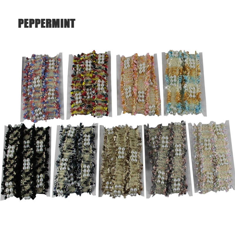 1 yard 3cm Tweed Webbing Pearl Beaded Trim Fabric Ribbon Sewing Handmade DIY Costume Dress Supplies Craft