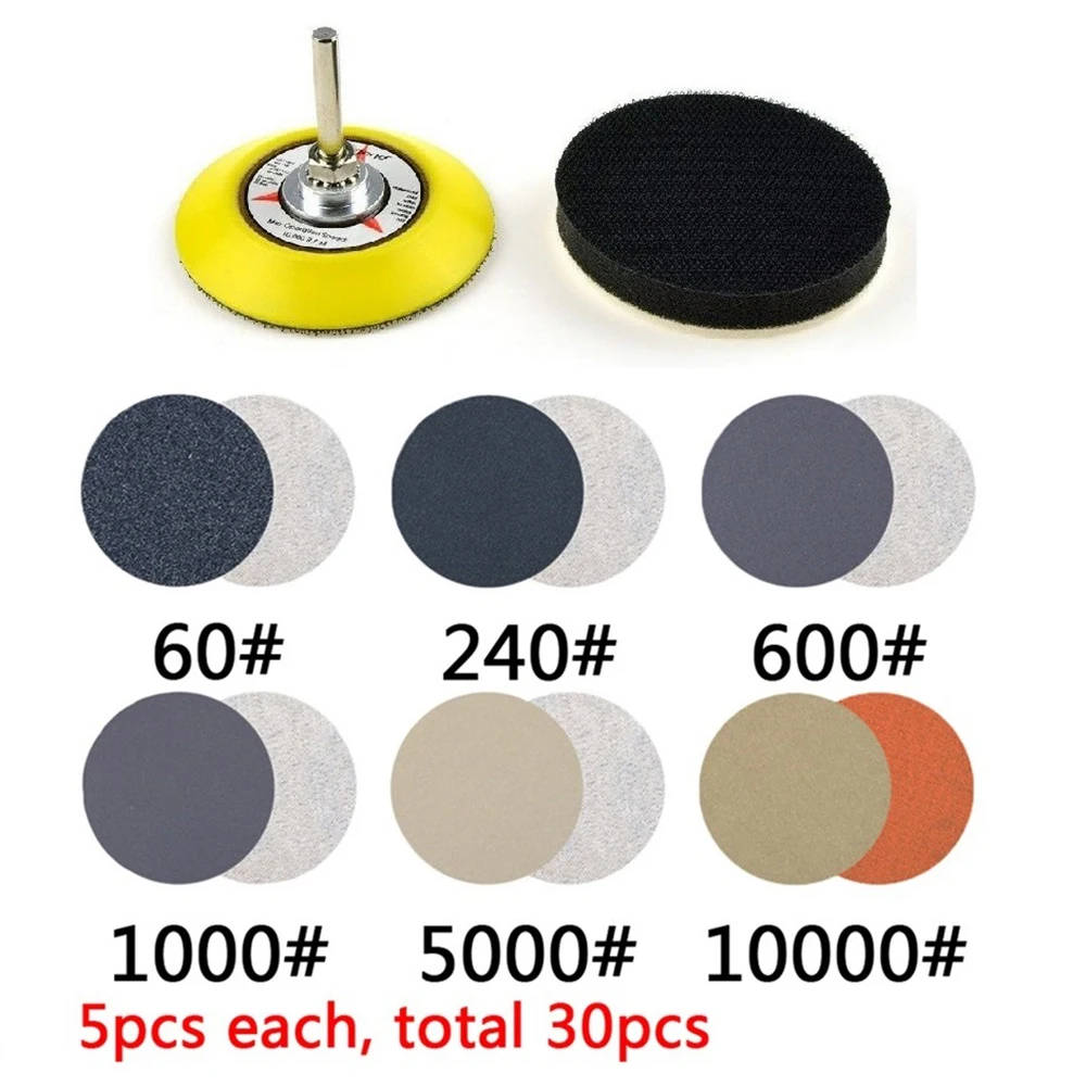 

32pcs 3in Sanding Discs 60/240/600/1000/5000/10000 Grit Wet/Dry Hook & Loop Sanding Disc Pad 30*Sanding Discs+Backing/Buffer Pad