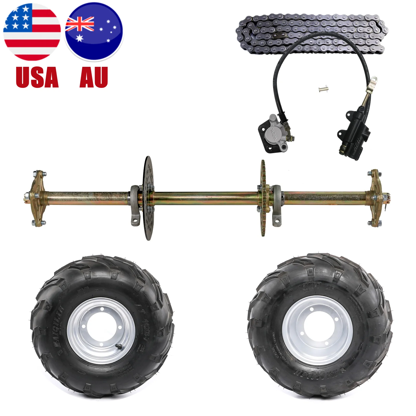 Go Kart ATV DIY Accessories 815mm Complete Rear Axle Kit with 16x8-7 Tubeless Tire & Rim 428 Chain + Brake Cylinder Assembly