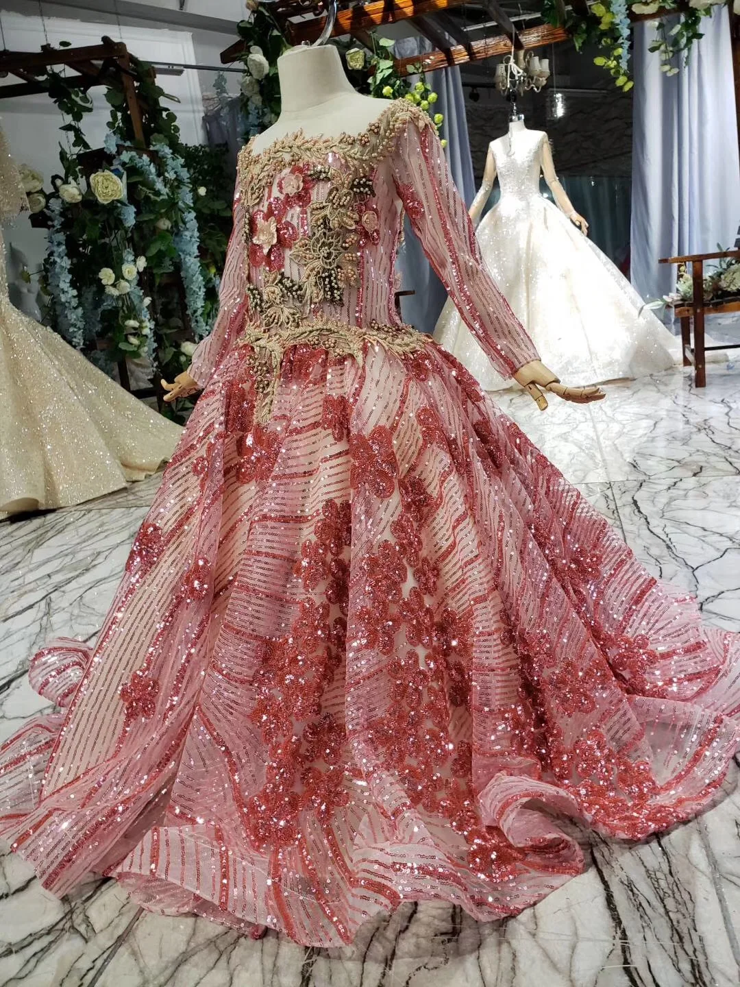 

First Communion Dressred Glitters Lace Shiny Flower Girl Gown Long Sleeve Lace Flower Girl Dresses Birthday Party Wear For 2-14y