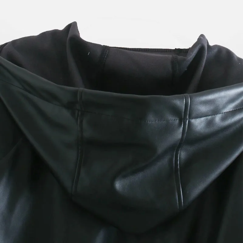 

Fashion Long Sleeve Black Women's Jacket Vintage Hooded Jacket with Shoulder Pads Zipper Chic Short Female Tops