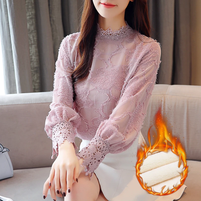 Модная женская блузка 2020 Зимняя Толстая бархатная шифоновая рубашка с кружевом