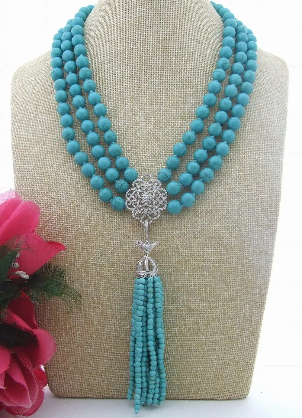 Привлекательное ожерелье с кулоном из 3 нитей 10 мм БИРЮЗА и стразы