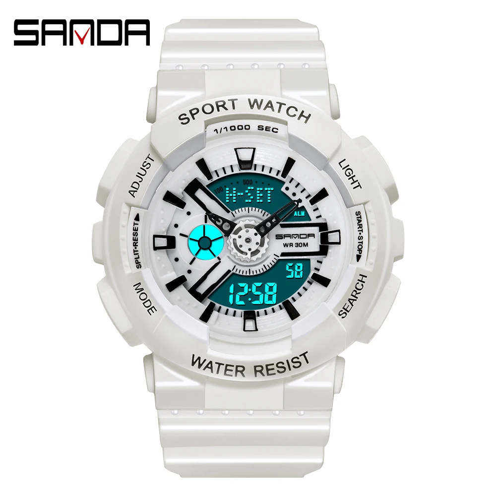 แฟชั่น Sanda แบรนด์กีฬากลางแจ้งสีขาวดิจิตอลนาฬิกานาฬิกาปลุกผู้หญิงนาฬิกา3bar กันน้ำทหารนาฬิกา ...