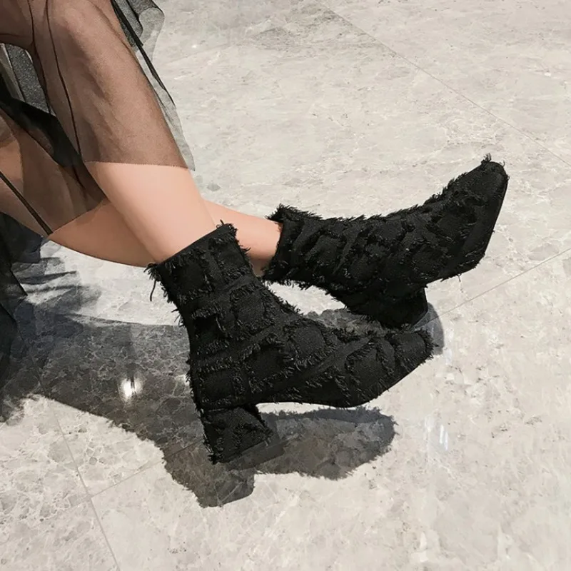 

Fashion Patchwork Denim Women Ankle Boots 2021 New Autumn Winter Ladies Chelsea Chunky Heel Zipper Booties Female Leisure Shoes