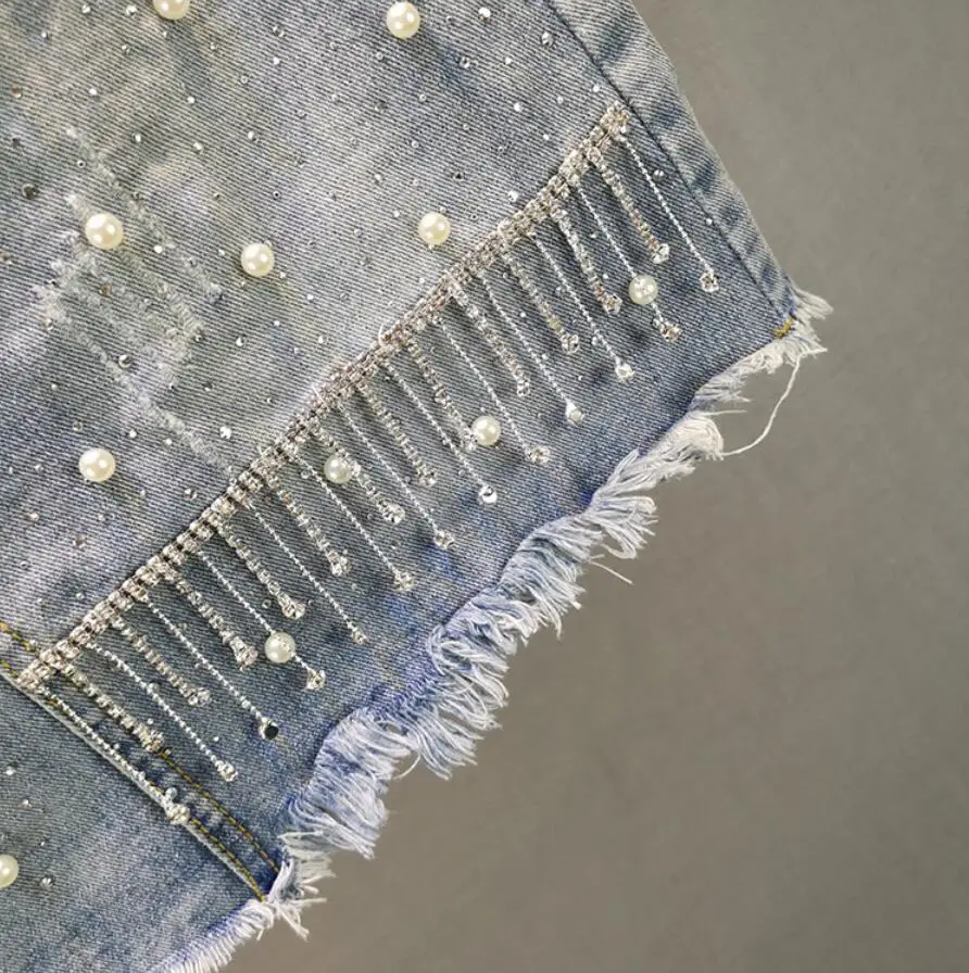

2020 Summer Denim Skirt Womens Heavy Beaded Rhinestone Tassel high waist Mini Skirt Jean Jupe Mujer r991