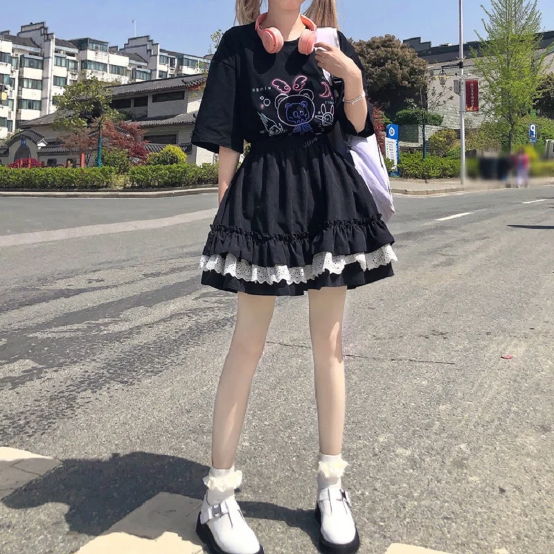 

Japanese Harajuku Summer Women Mini Skirt Gothic High Waist Black White Lolita Kawaii Skirt Cute Sweet Lace Ruffles Girl Skirt